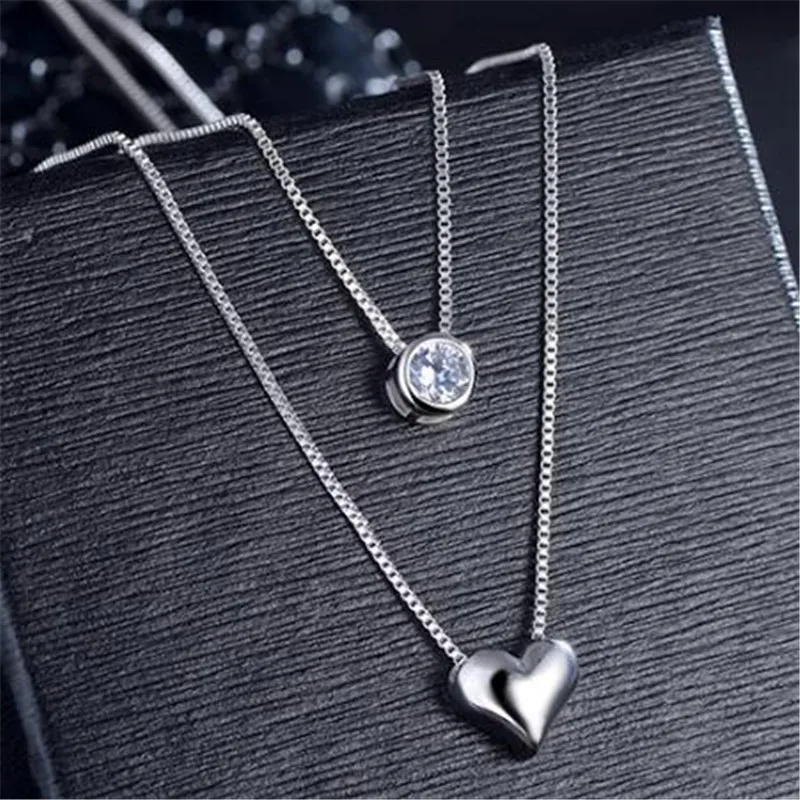 925 sterling Silver Necklace Double Layer Chain Zircon Heart Pendants Necklaces For Women kolye Choker Colar de Prata