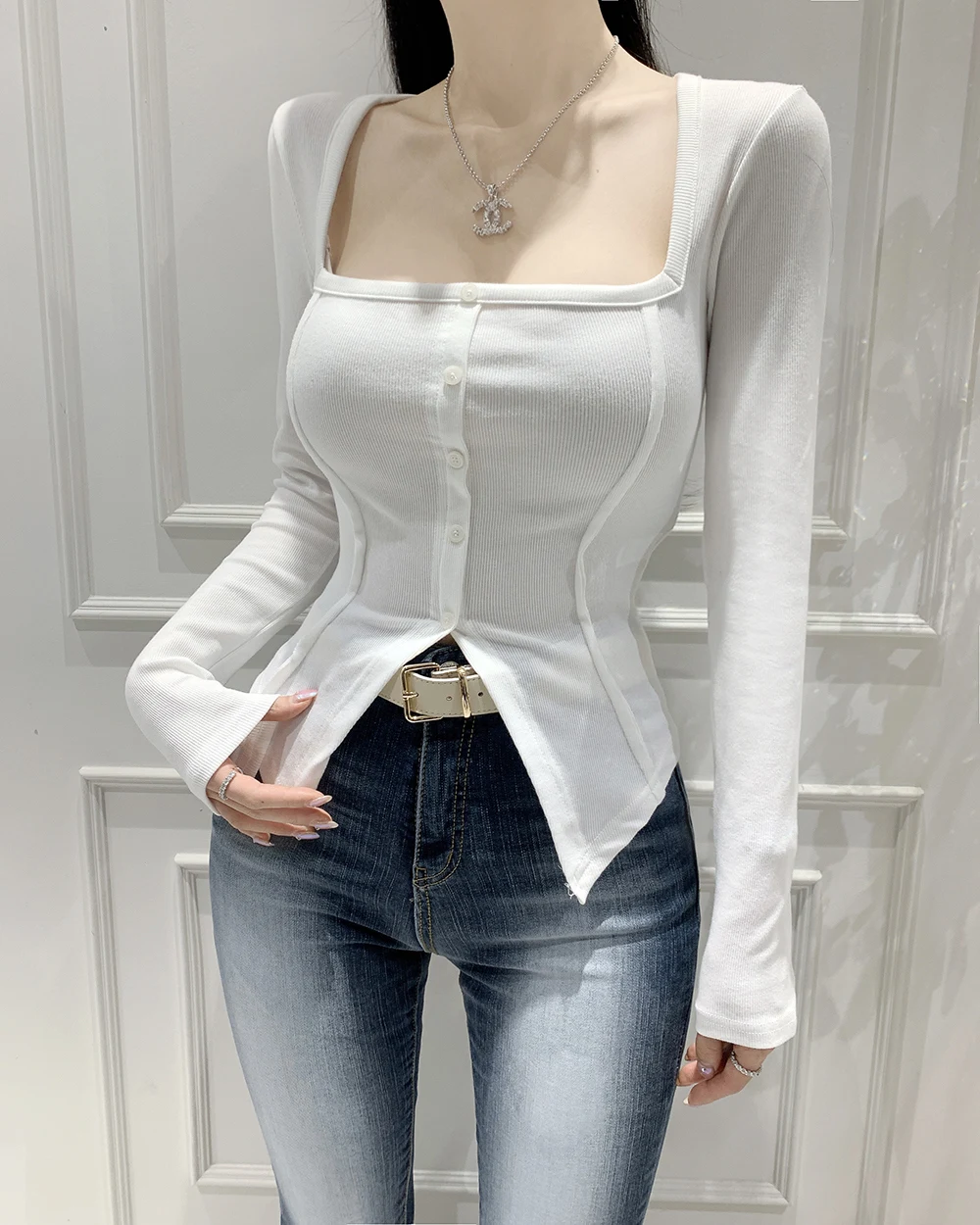 Slim Fit Long Sleeve T-Shirt Dongda Gate Autumn Pure Color Square Collar Single Button Casual Short Sle Women's Fashion Top