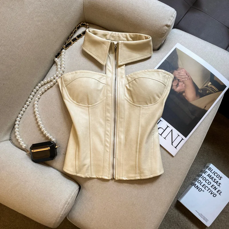Women's Summer Design Sense French Boned Halter Neck Camisole with Non-removable Padding, Waist-cinching and Neck-hanging Top
