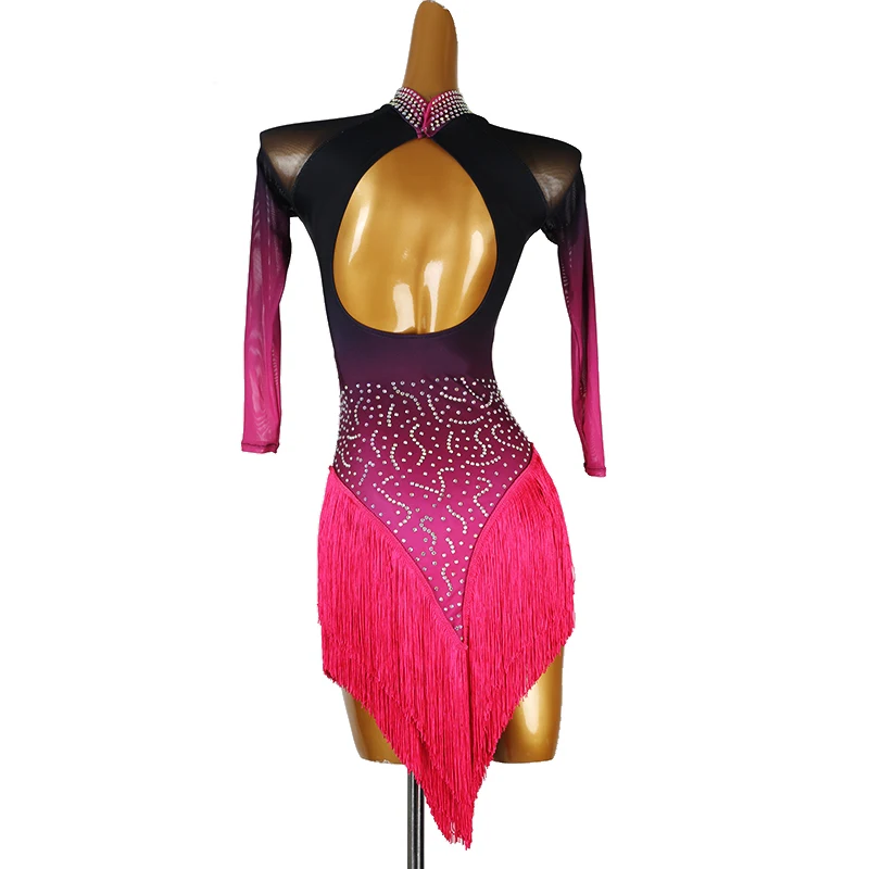 New Latin Dance Costume Rhinestone Women's Clothing Custom Rose Red Diamond Tassel Gradient color Samba Performance Dress