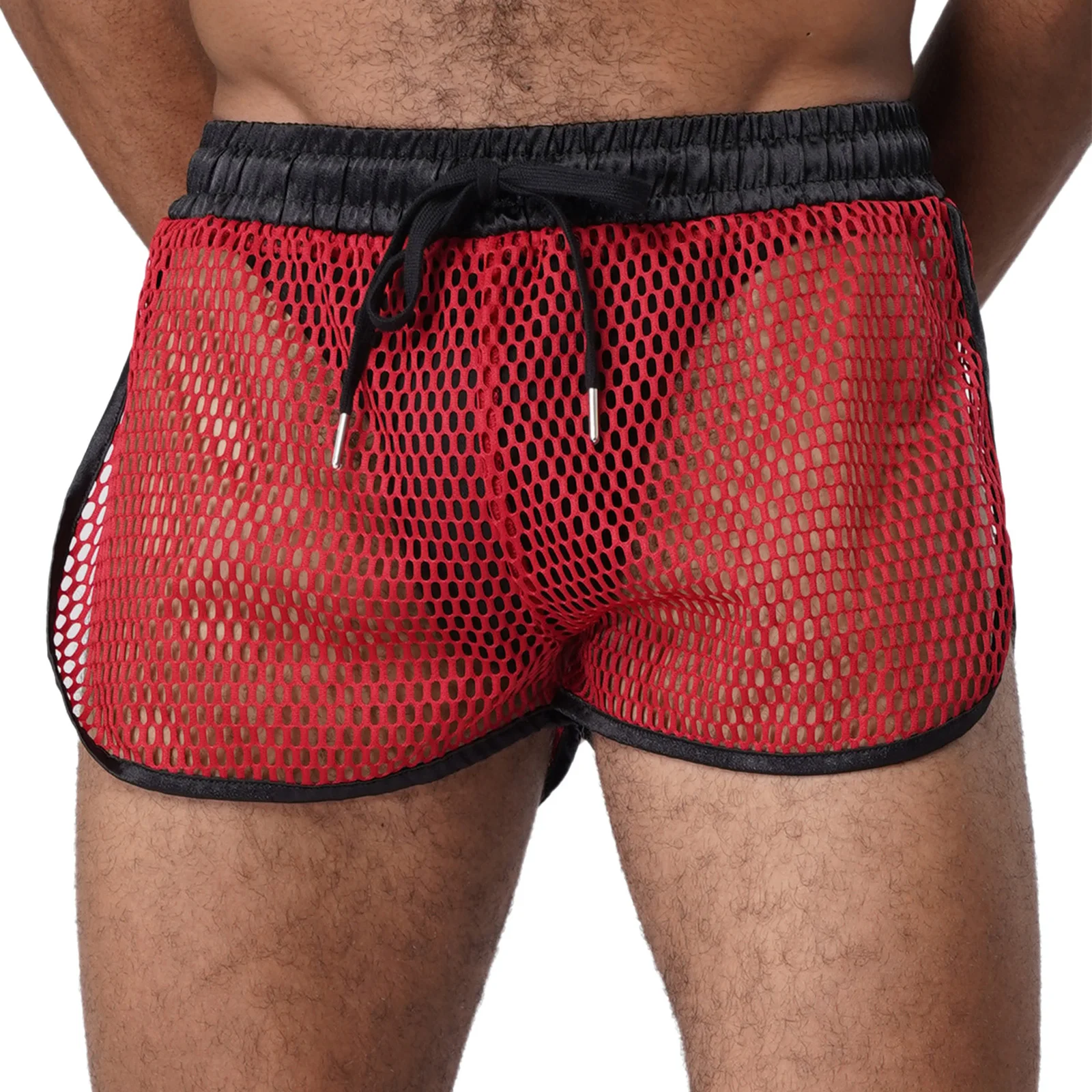 

Men Hollow Out Mesh Boxer Shorts Elastic Waistband Sides Split Athletic Shorts See Through Loose Bottoms Fitness Sport Beachwear