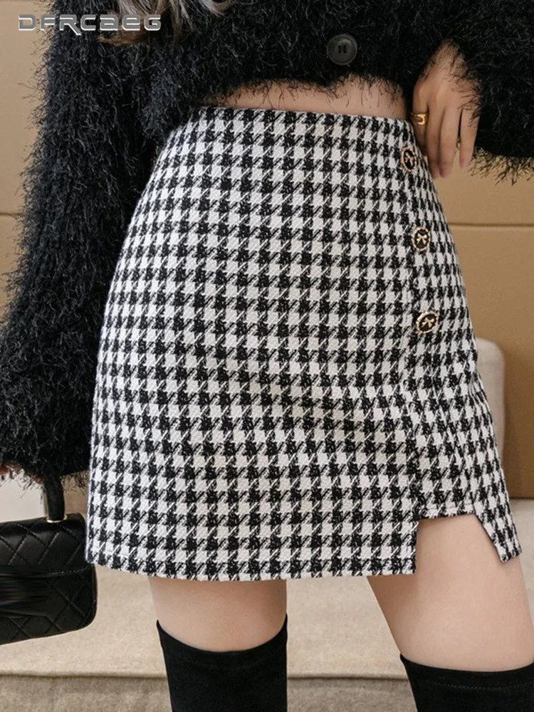 

Autumn Winter Vintage Houndstooth Woolen Pencil Skirt For Women High Waisted Retro Plaid Slim Casual Short Skirts Lady