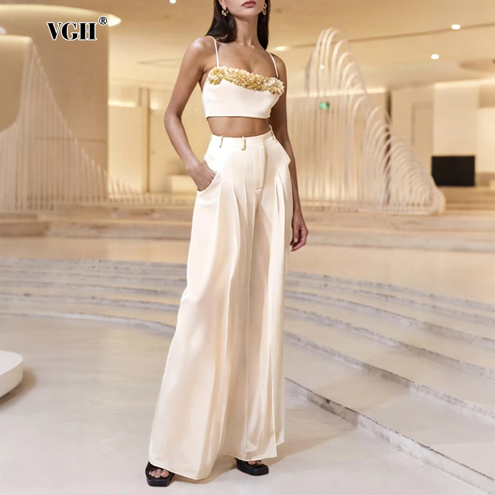 

VGH Solid Pathwork Appliques Two Piece Set for Women Square Collar Sleeveless Slim Top High Waist Wide Leg Pants Suit Female New