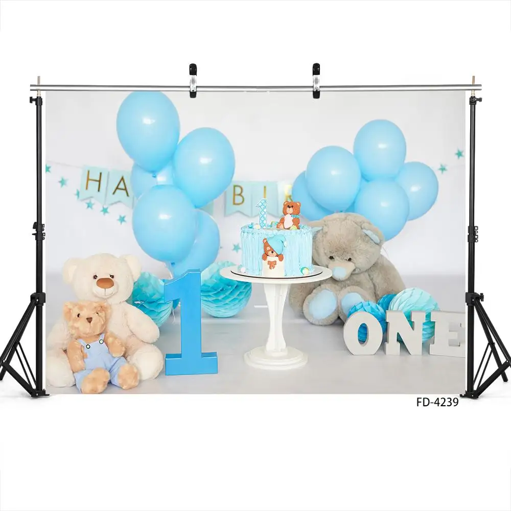 ブルー風船玩具クマケーキ写真撮影の背景ビニール背景子供の誕生日パーティーベビーシャワーphotophone好き写真