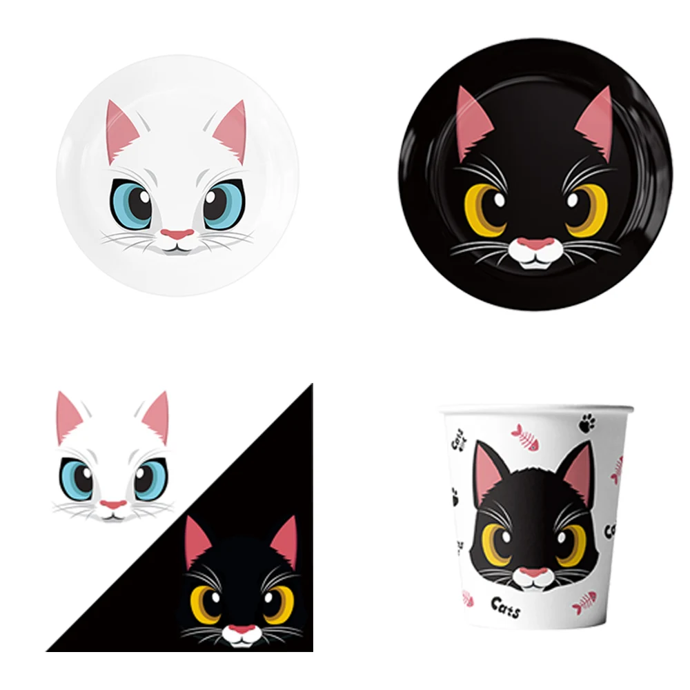 Cute Cat Theme Birthday Decorations Party Disposable Tableware Paper Napkins Cups Plates Tablecloths Straw