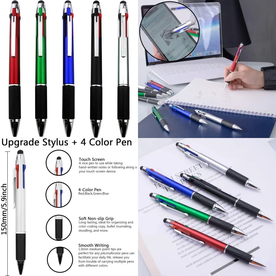 

4-цветная шариковая ручка со средней точкой 1,0 мм, разноцветные ручки в одном дизайне с функциональностью стилуса для сенсорного экрана.