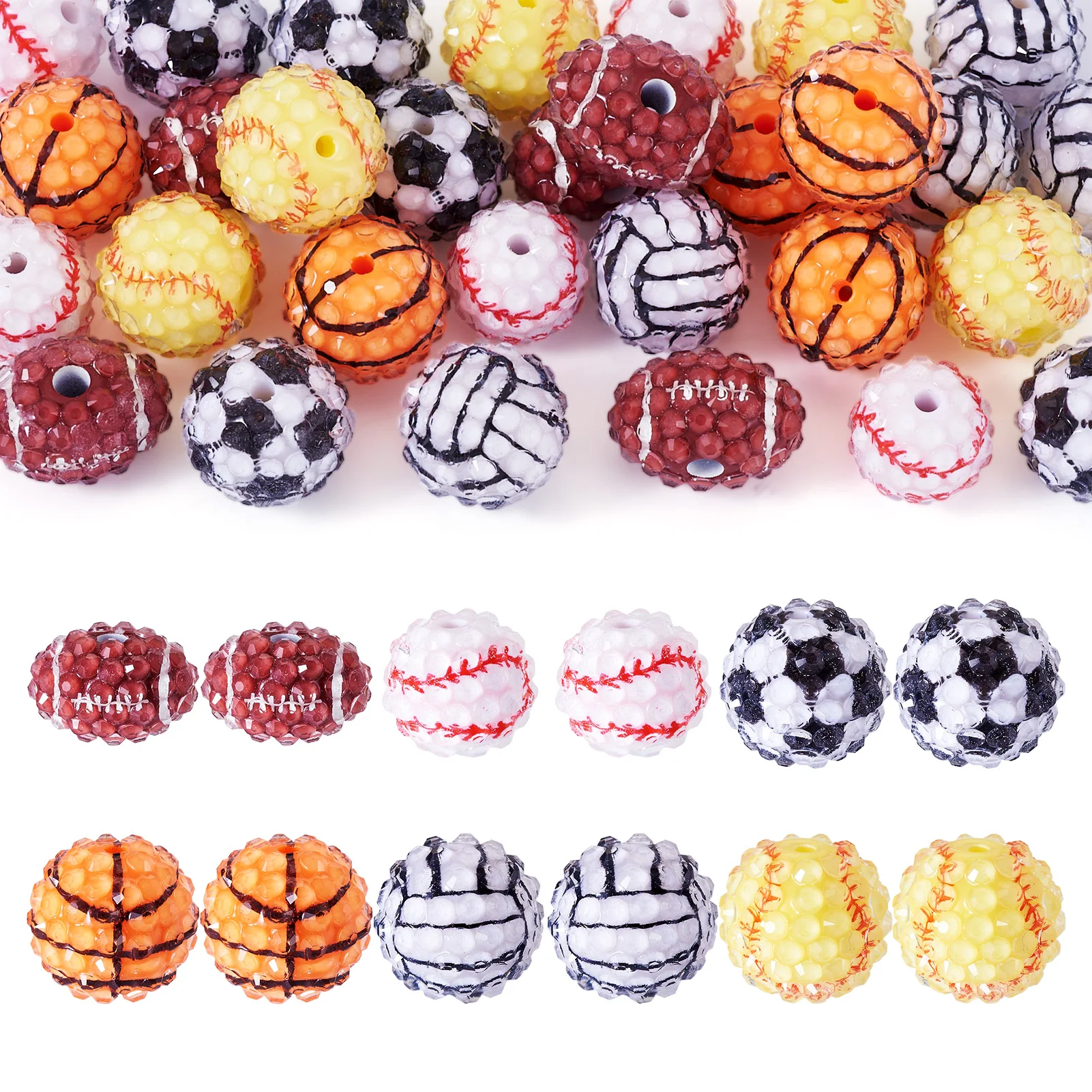 30pcs Opaque Resin Rhinestone Sport Ball Beads Baseball Rugby Football Loose Beads For Jewelry Making DIY Bracelet Pen