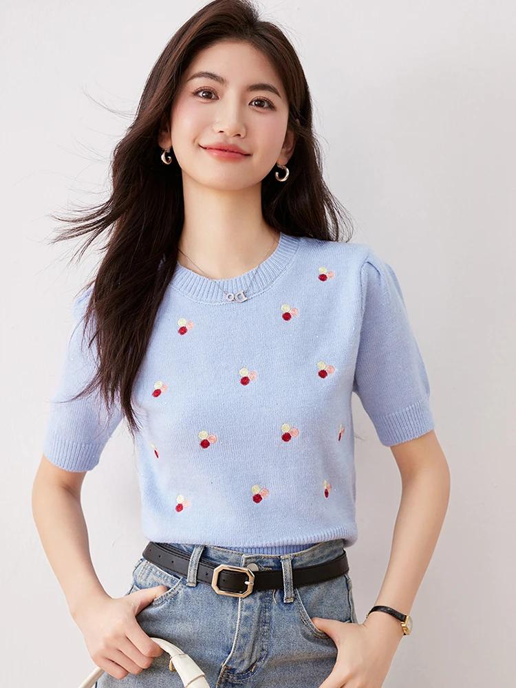 Summer Floral Embroidery Sweaters for Women Short Sleeve Knitted Tops Knitwears Pullovers Fashion Versatile Casual Top