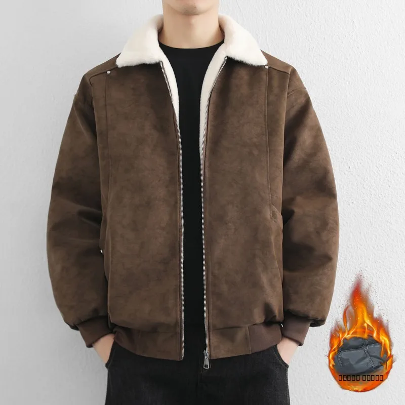 

2025 Winter Men's Thiened Lamb Velvet Jaet Cotton Padded Loose Fit Youth Casual Sle Zipper Closure Color Coat