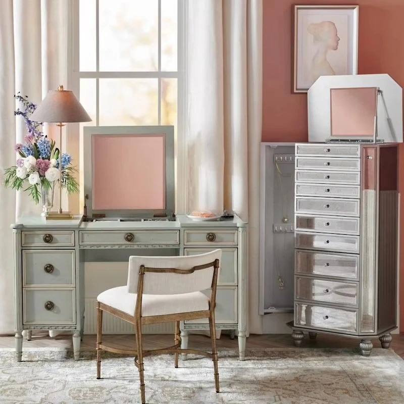 French Country Style Vintage Wooden Vanity Desk with 7 Drawers Dresser Makeup Vanity Table for Bedroom