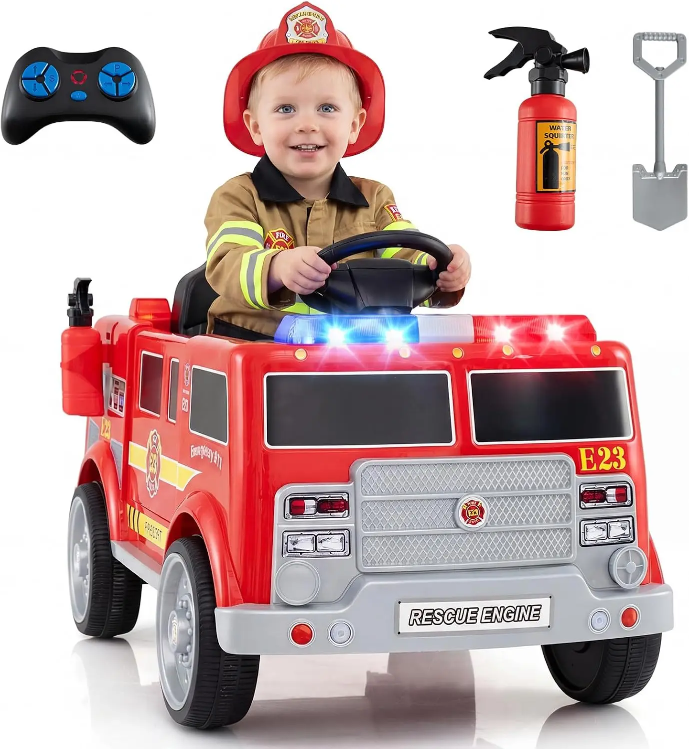 Kids Ride On Fire Truck, 12V Battery Powered Fire Car with Remote Control, Extinguisher, Shovel, Loudspeaker, Music, Sirens, Lights, Wireless Connection, Electric Vehicle for Children