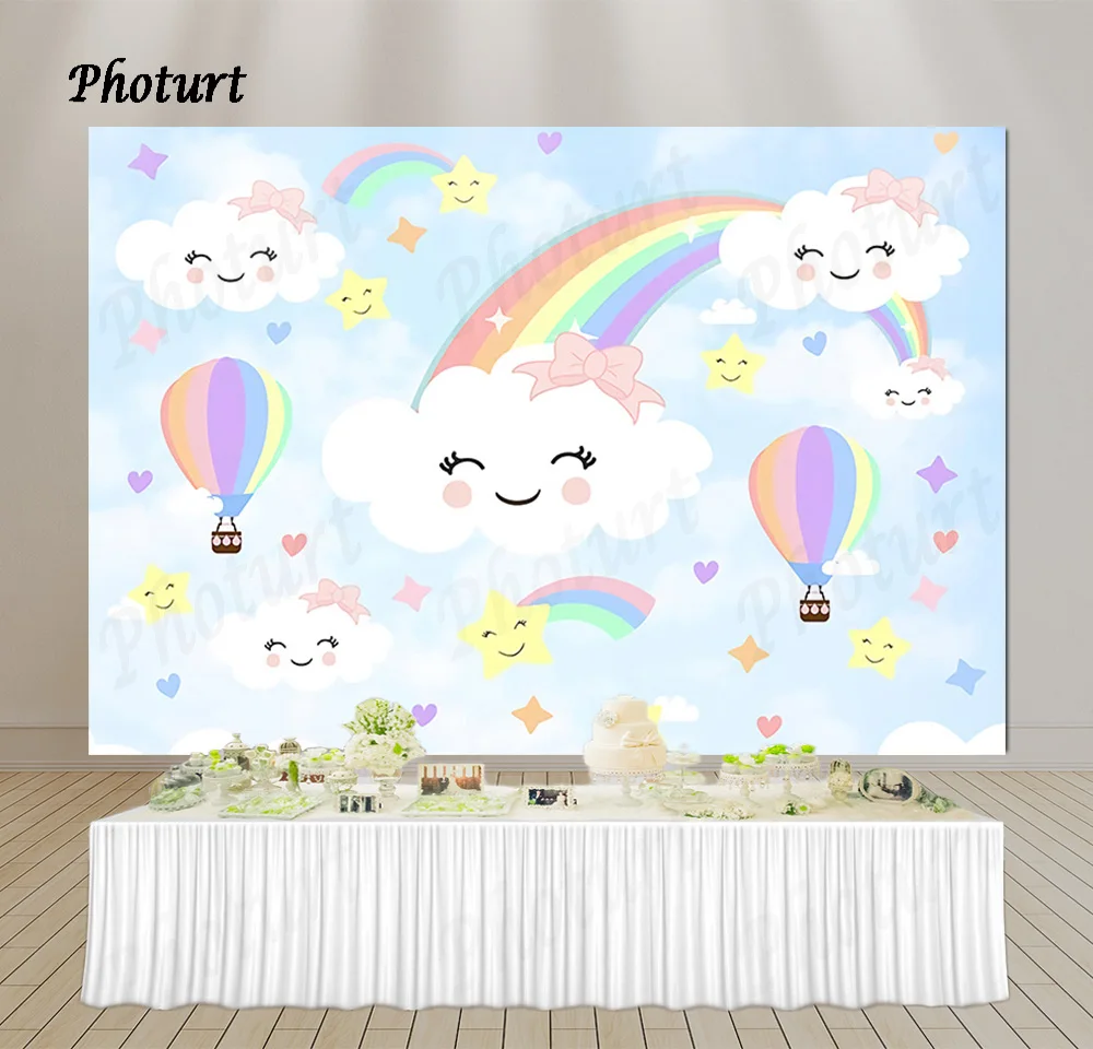 

PHOTURT Lovely Rainbow Cloud Backdrop Girl Birthday Party Photography Banner Photo Background Color Balloon Vinyl Decorate Props