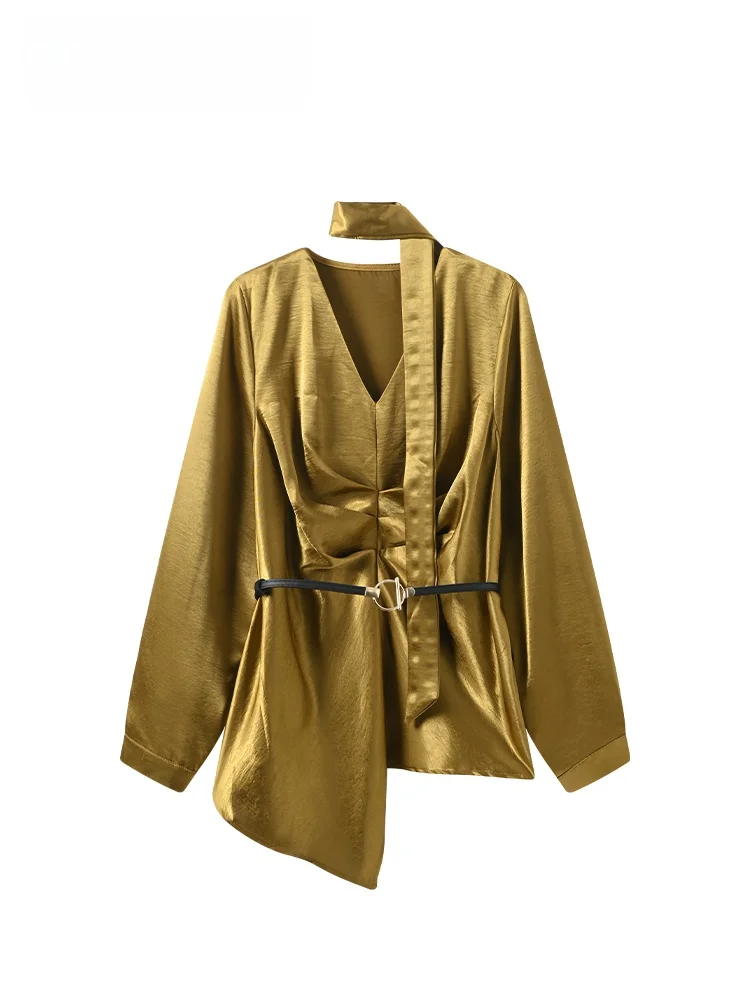 

Casual V-Ne Long Sve irt Women's plus Size Waist-Cinching Top Early Spring New Sle Versatile Casual Ele irt