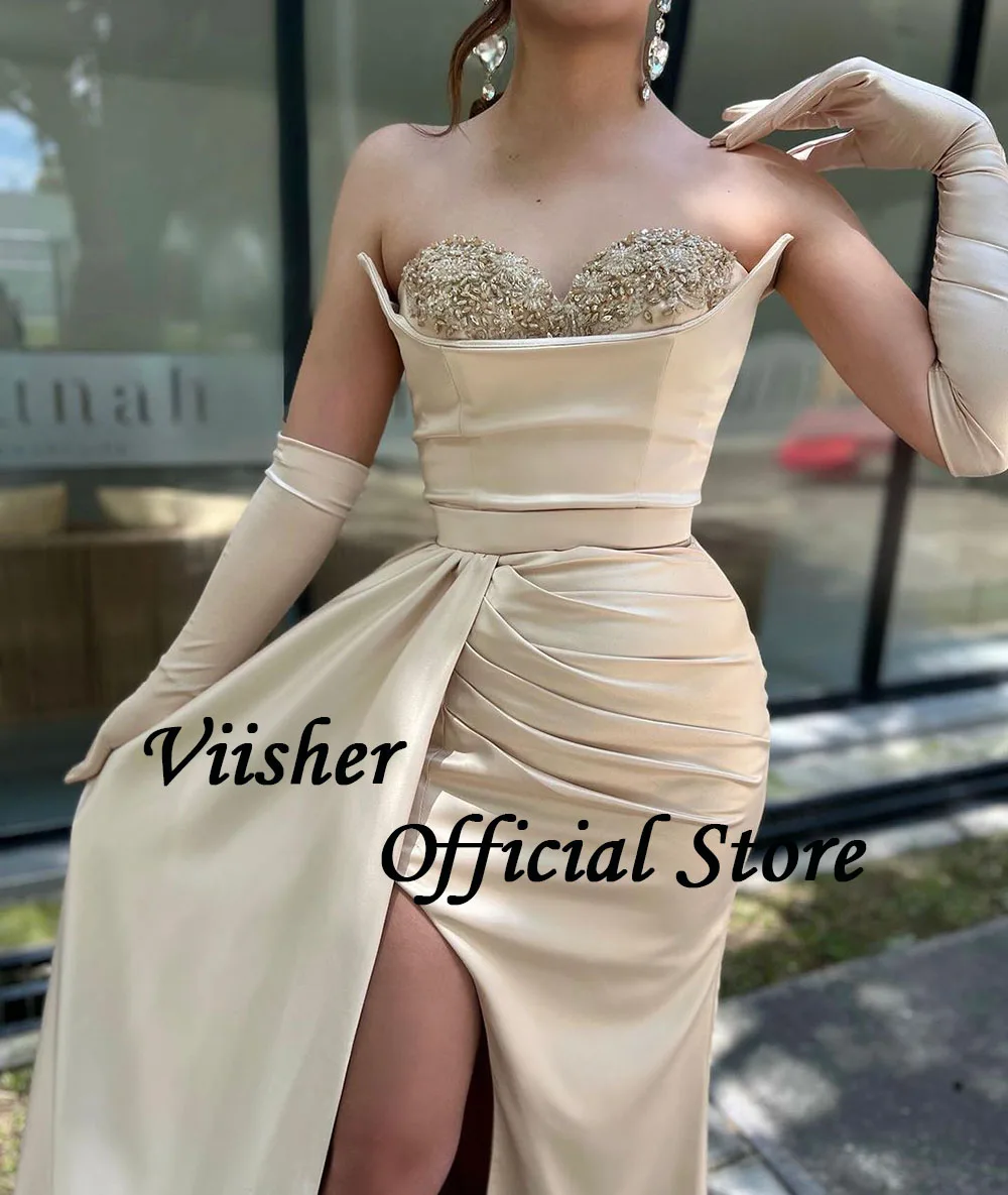 Viisher Khaki Satin Mermaid Evening Dresses with Slit Beads Sweetheart Women Prom Party Dress with Train Formal Event Gowns