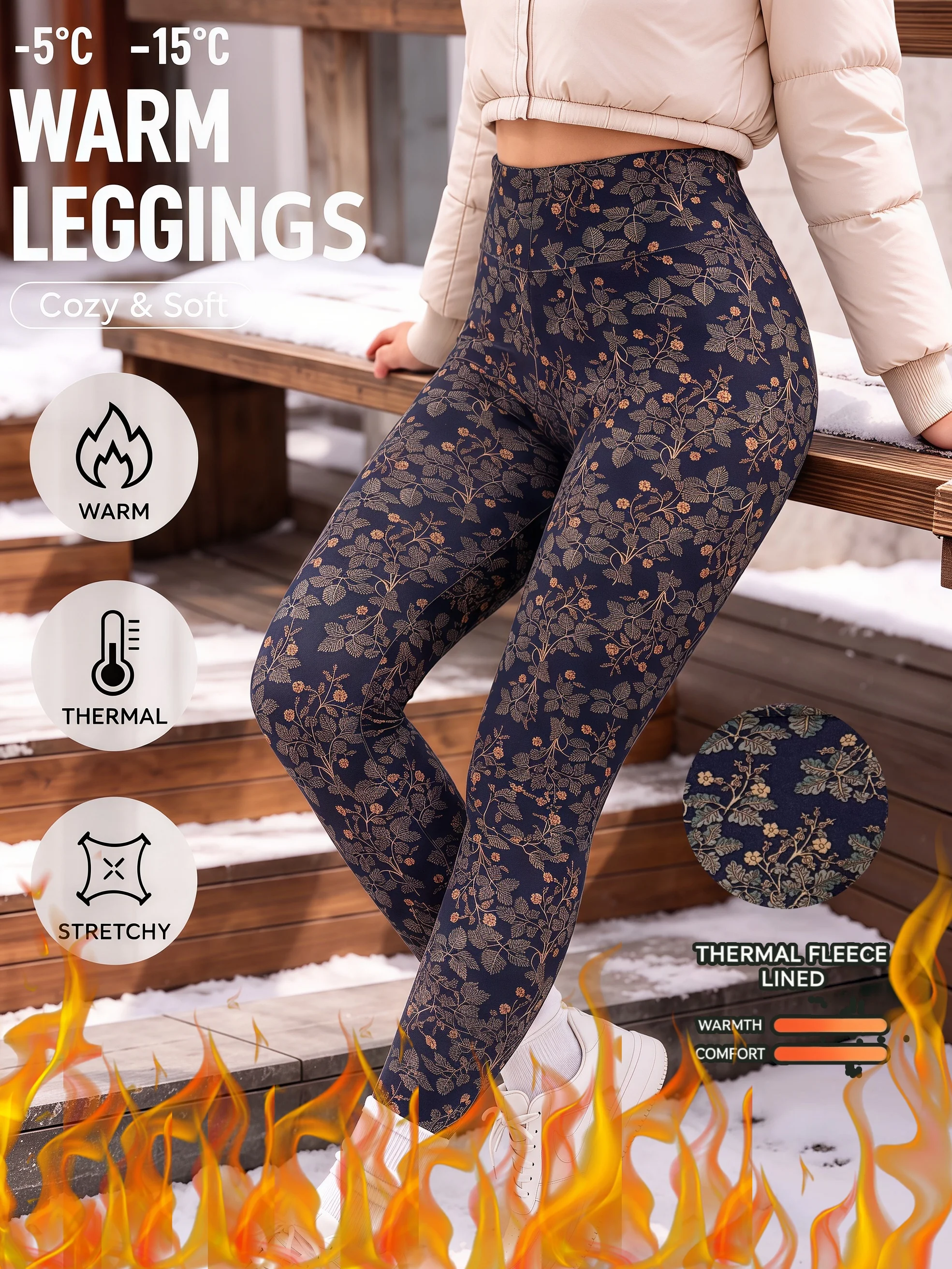 Damen-Leggings in Marineblau mit Retro-Botanischem Blumenmuster, Fleece-gefüttert, Hohe Taille, Hautfreundlich, Schlank, Warm und Eng Anliegend – Detail 2