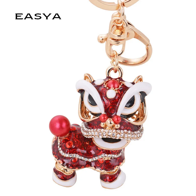 EASYA Chinese Lion Dance Chinatown GIFTS Rotatable Car Keychain Crystal Lucky Mascot Key Chain Ring  Souvenir