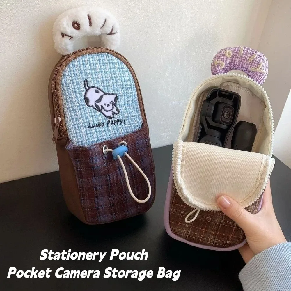 

Cartoon Dog Pocket Camera Storage Bag Plush Plaid Puppy Large Capacity Makeup Bag Toiletry Organizer Multi-functional
