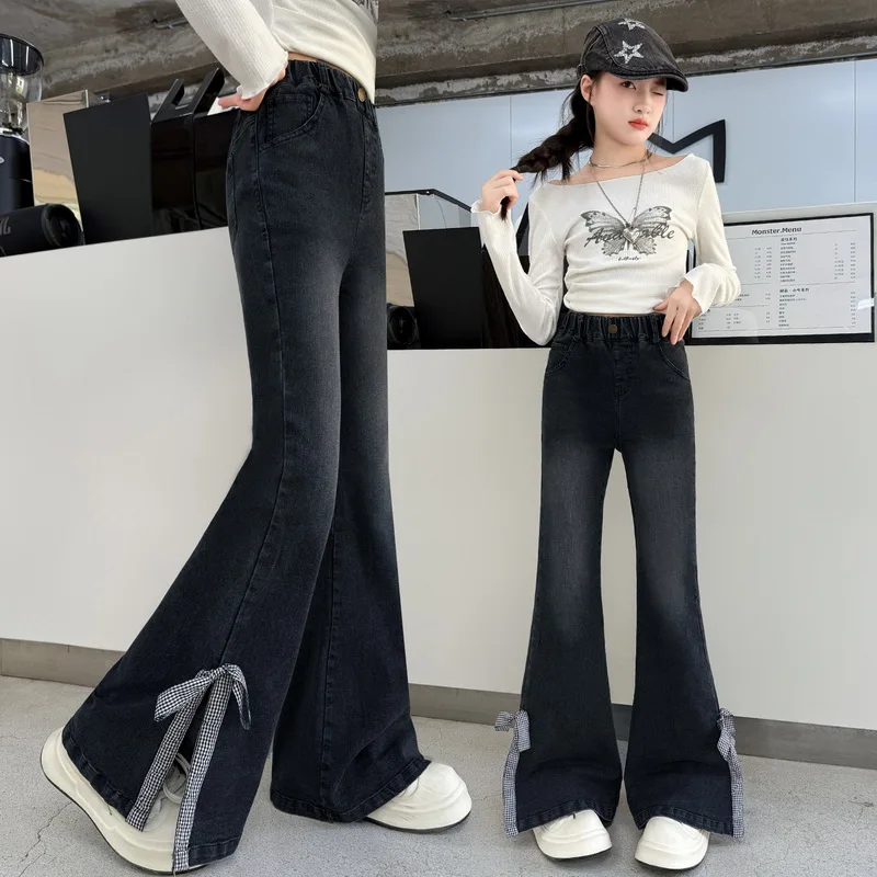 

Джинсы-клеш для девочек-подростков, джинсовые брюки-клеш, детские брюки, уличная одежда для детей 6, 7, 8, 9, 10, 12 лет