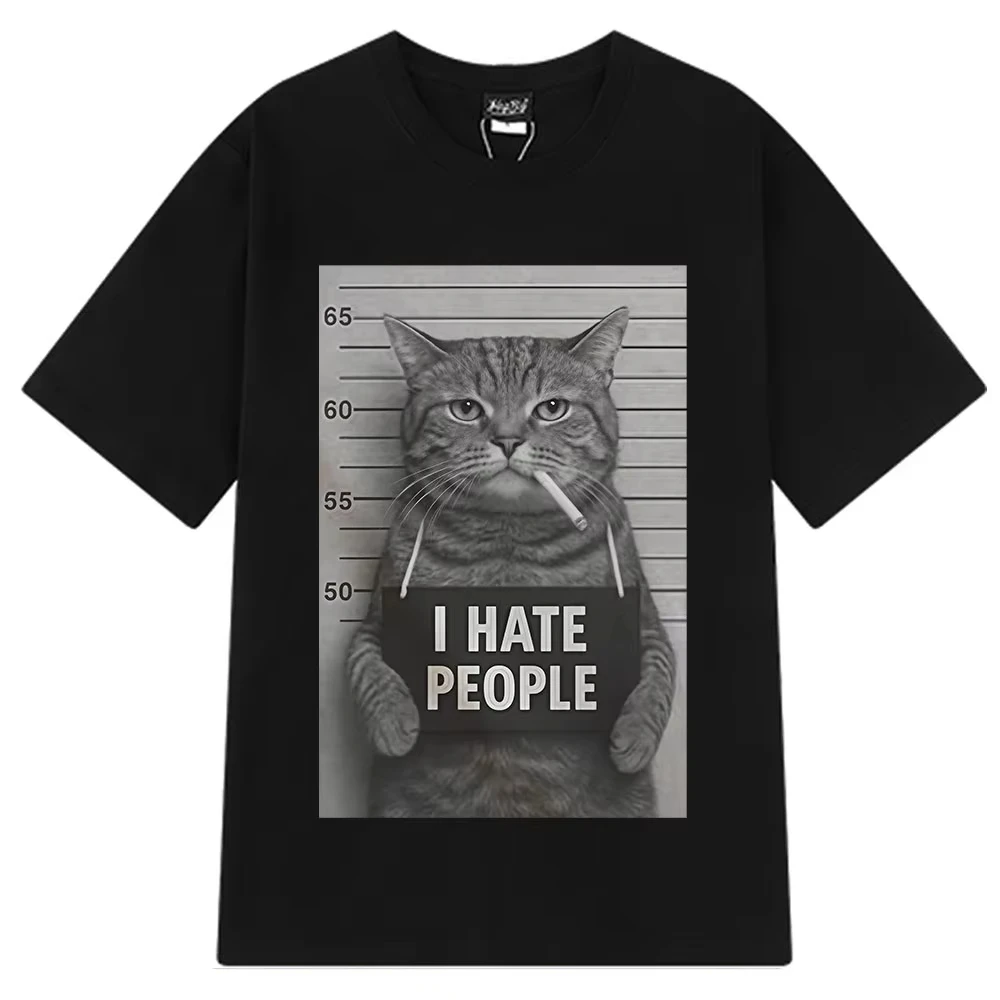 I Hate People Meow Print T-shirt Fun Cat Print T-shirt Children's Casual Sitting Short-Sleeved Parent-Child Clothes