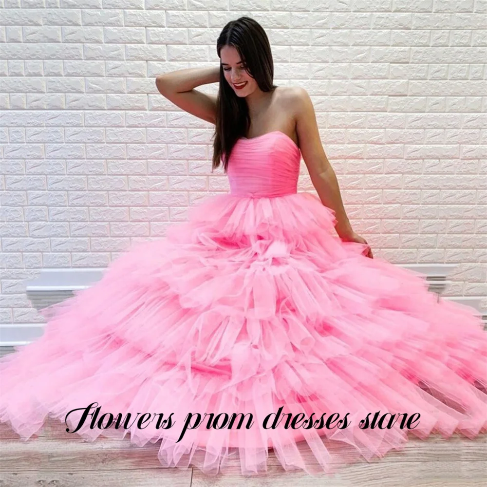 الزهور الوردي فساتين السهرة حمالة الطبقات كعكة اللباس الكرة ثوب الحلو ألف خط فستان المشاهير تول مساء اللباس مخصص #3