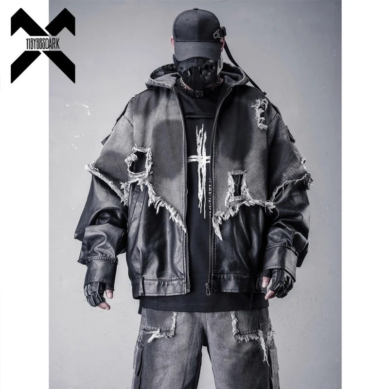 Vintage Distressed PU Leather Patchwork Denim Jacket Hooded Coat Men Street Punk Hip Hop Techwear Oversized Outerwear