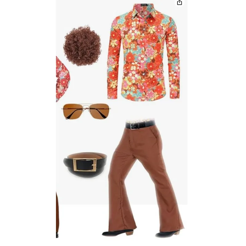 Costume Hippie Vintage des années 70 pour hommes, chemise imprimée à manches longues, pantalon évasé, perruque, Costume d'halloween, déguisement fantaisie, carnaval, fête Disco
