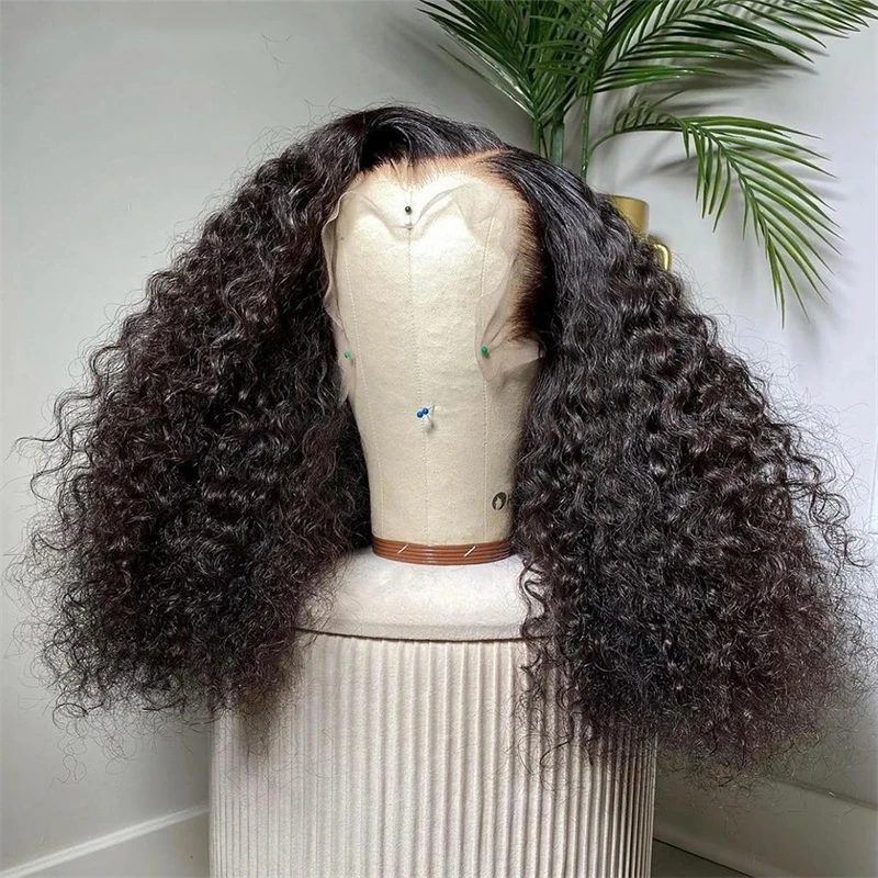 

Natural Black Soft Glueless Preplucked 28 inch Long 200% Density Kinky Curly Lace Front Wig For Women With Baby Hair