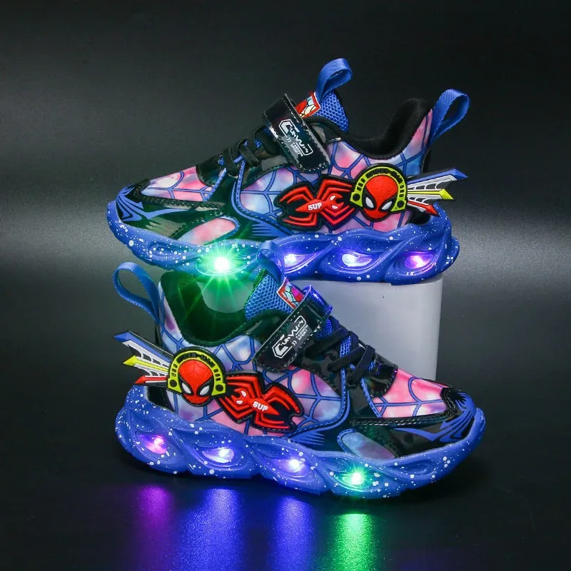 2024 New Children Lighting Sneakers Fashion Populer Design Boys Casual Sports Shoes Spring Kids Cartoon LED Shoes Spider Man