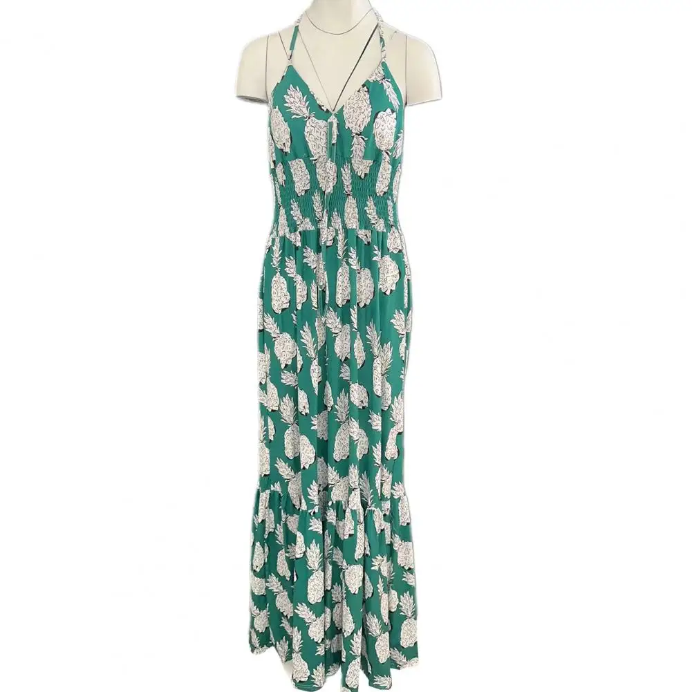 Bloemenprint Jurk Elastische Taille Jurk Met Bloemenprint Halter Hals Maxi Jurk Voor Dames Vakantie Strandkleding Met Elastische Hoge Taille