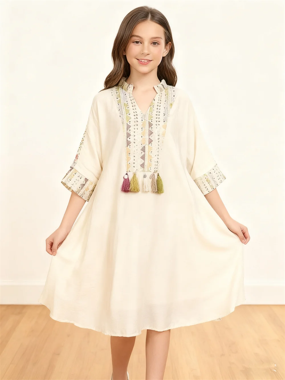 Ragazze Dubai Abaya Ramadan Musulmano Bambini Abito lungo Ricamo Abiti da festa Eid Djellaba Marocco Caftano Turchia Robe Islam Jalabiya