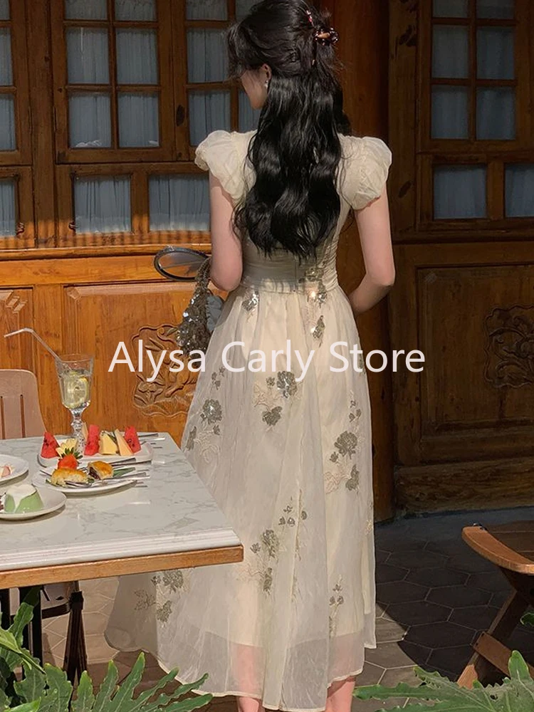 Elegant Vintage Sequined Embroidery Dress Women Sexy V-neck Party Long Fairy Dress Female Casual Petal Sleeve Korean Slim Dress