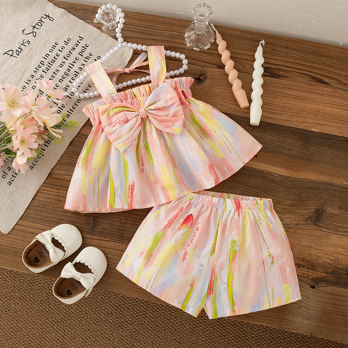 

Sweet Bow Sling Top+Colorful Shorts Baby Girl Two-Piece Set, Summer New Children'S Clothing (9 Months -4 Years Old)