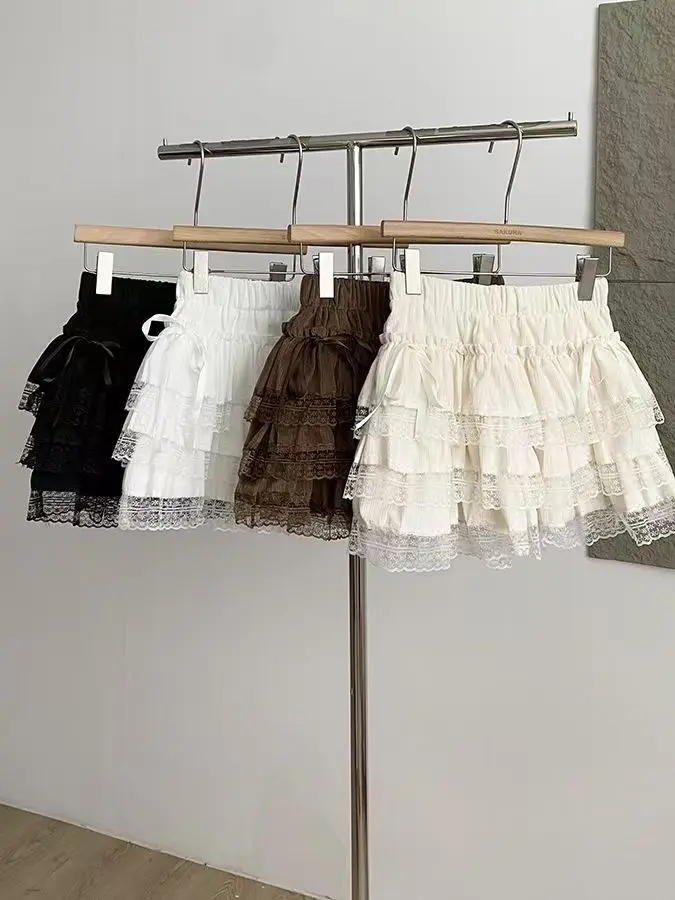 2026 New High Waist Lace Splice A-Line Skirt Women's Sweet Style Short Skirt Belted Cake Skirt Versatile Ladies Skirt