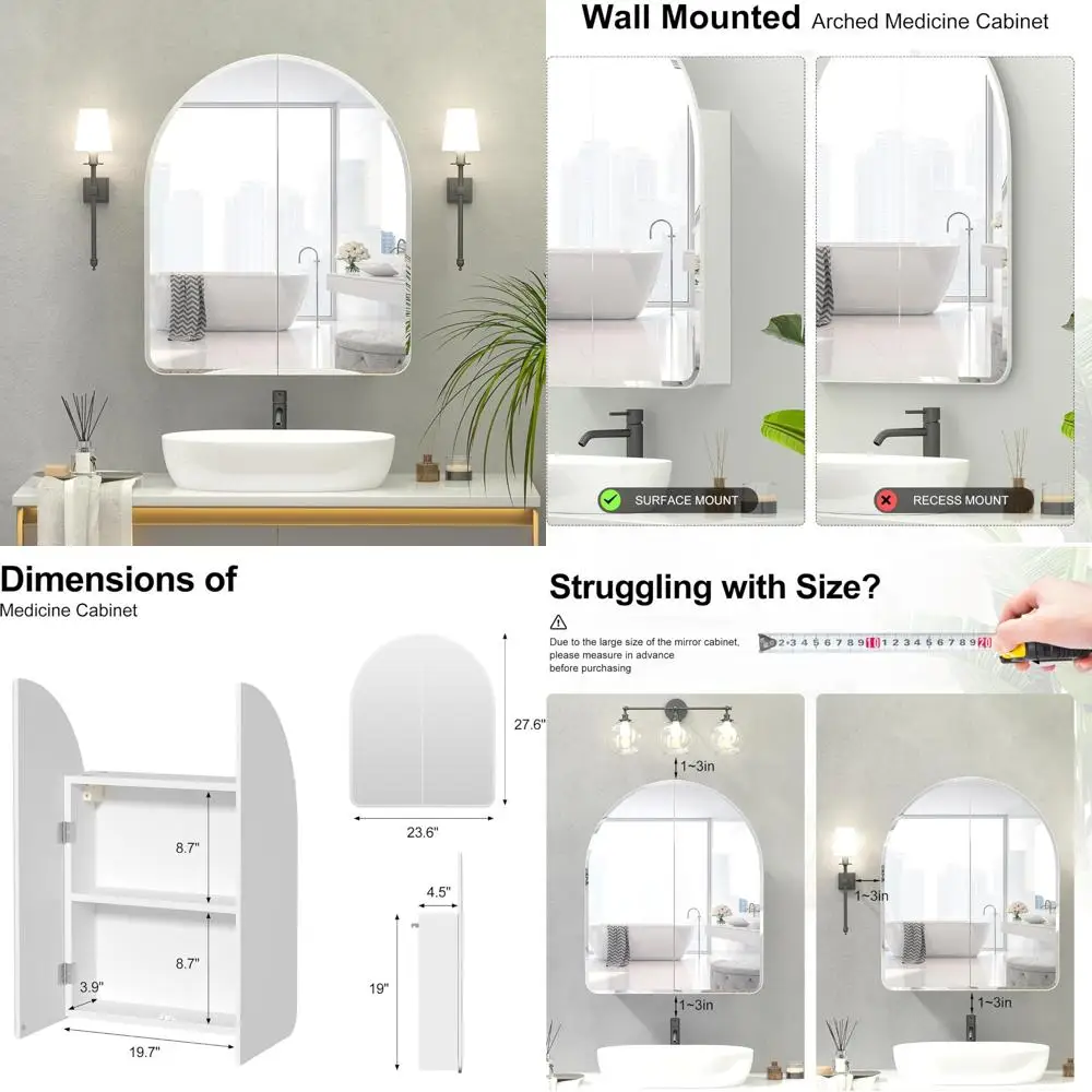 خزانة طبية بمرآة مقوسة بدون إطار مع بابين لتركيب السطح