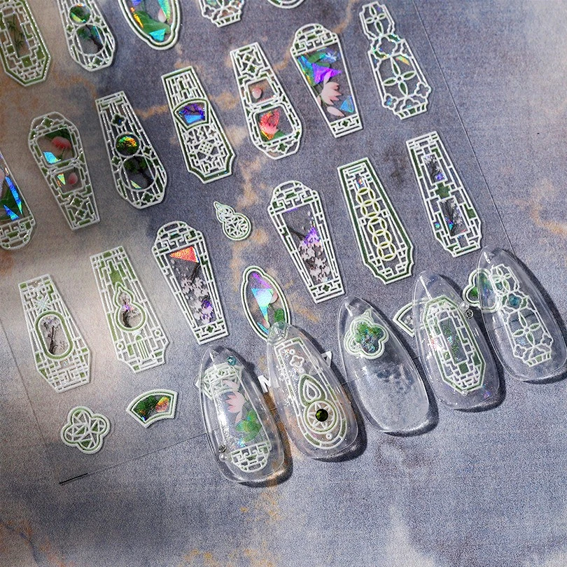 

European Style Floral Window Shiny Lotus Flower Geometric Figure Gourd Shaped Chic Nail Art Decorations Stickers Manicure Decals