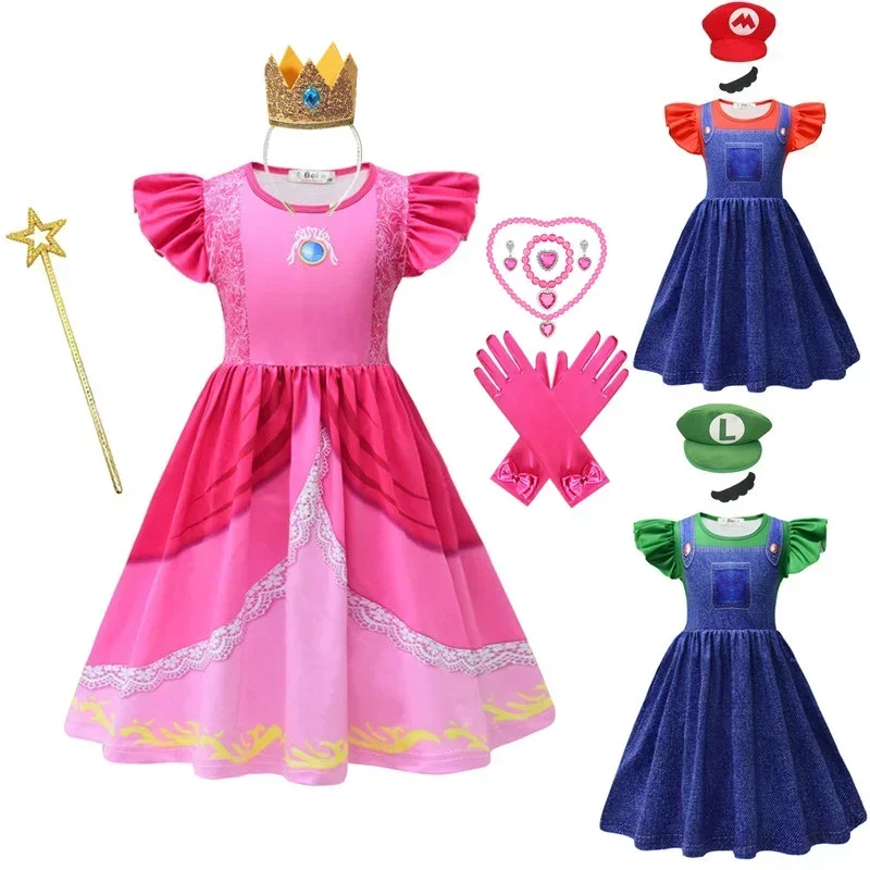 Anime Super Luanti Bros Cosplay fantasia para meninas, irmãos do Dia das Bruxas vestir, carta chapéu, barba, pêssego vestido de princesa, novo