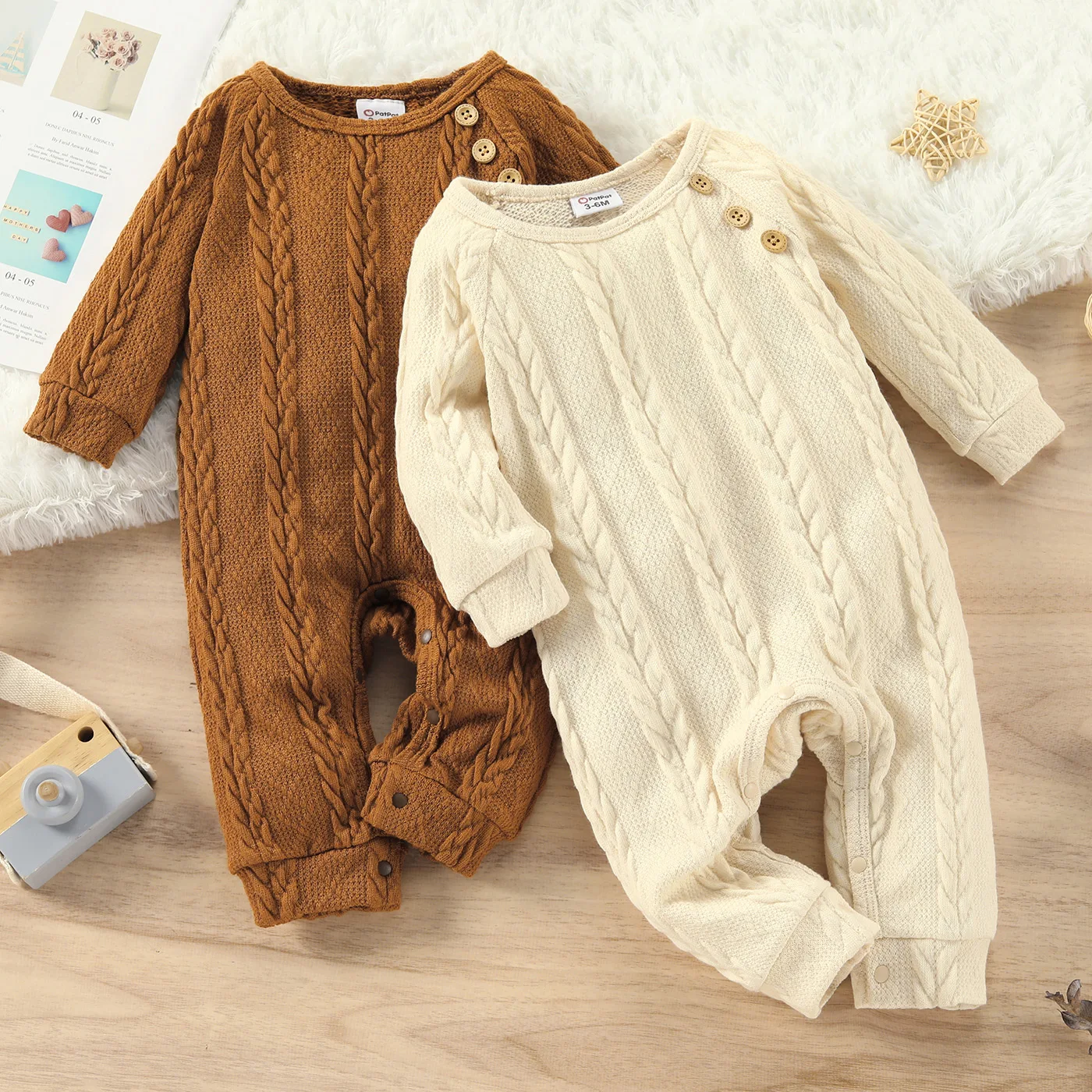 PatPat Autumn Infant Newborn Romper Baby Boy/Girl Clothes Casual Solid Cable Knit Long-sleeve Playsuit Jumpsuit for Babies