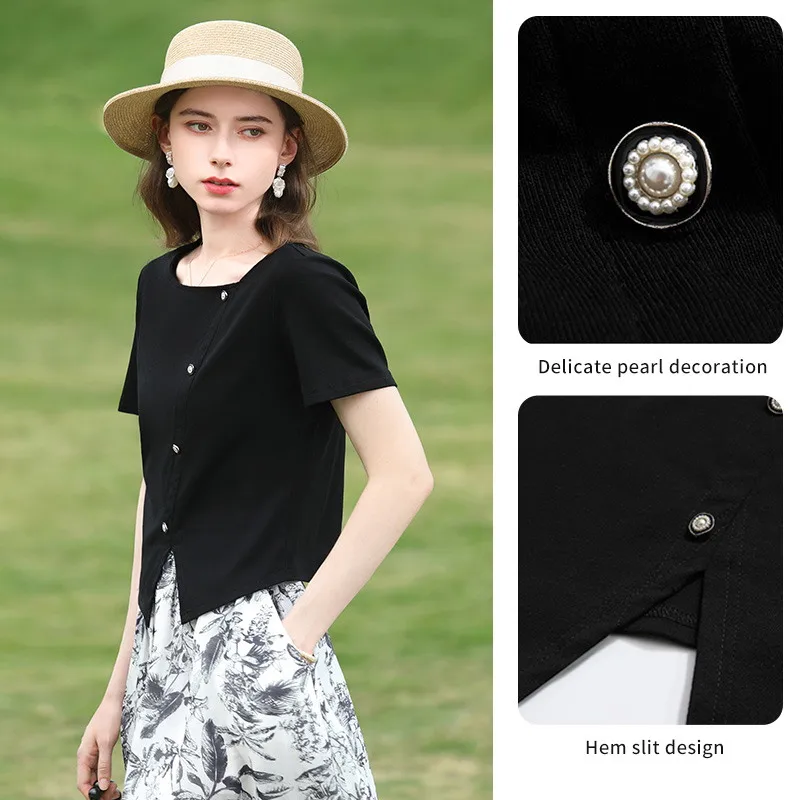 I BELIEVE YOU Black Short Sleeved Casual T-Shirt 2026 Summer New Split Hem Embroidered Flares Elegant Top For Women 2262016277