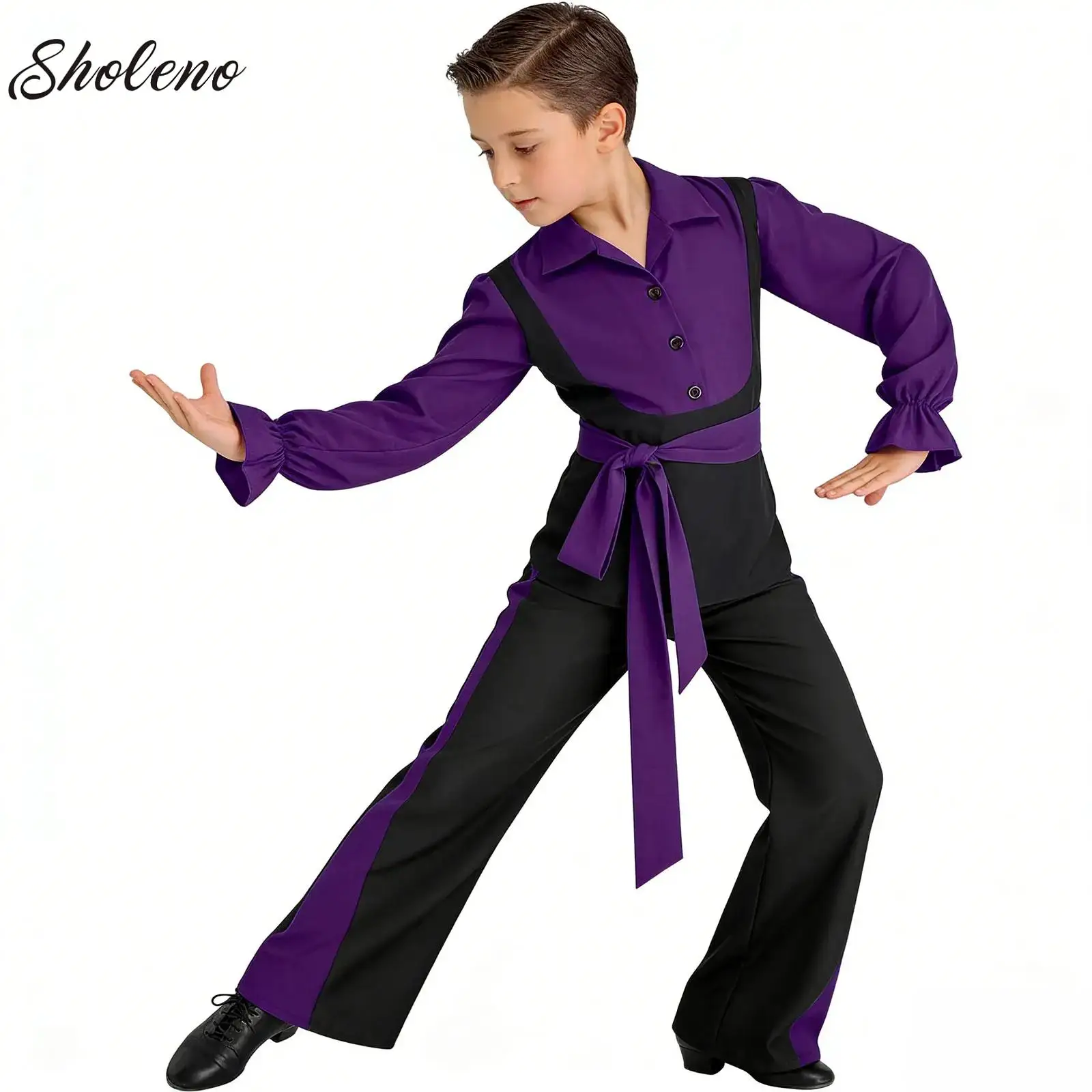 

Color Block Figure Ice Skating Dance Outfit Kids Boys Long Sleeve Shirt Top Pants Belt Suit for Flamenco Performance Competition