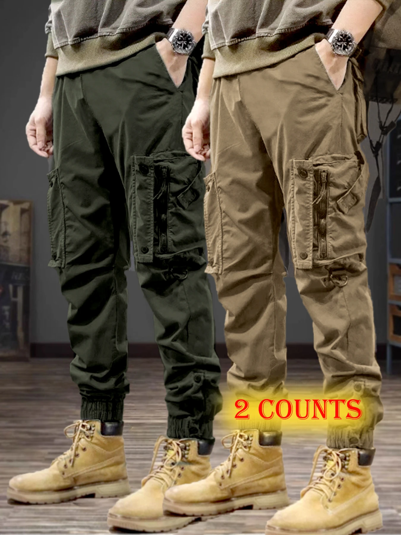 

Mens Trousers Popular Casual Slim Fit Solid Color Pocket Cargo Pants Loose Wide Leg Straight Elastic High Waisted Pantalones