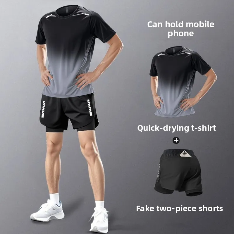 

Sports suit men's ice silk quick drying clothes fitness t-shirt running short sleeved shorts summer badminton training suit