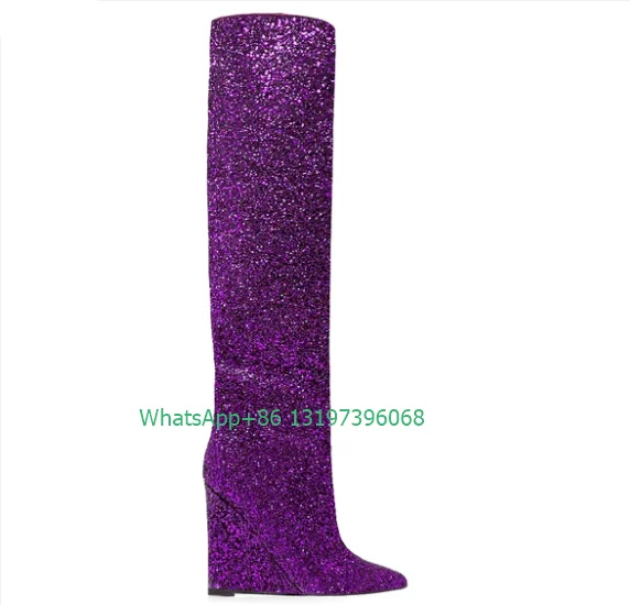 

Lady shine glitter purple knee wedges boots sexy party dress boots green black sequin bling boots footwear T show boots size 46