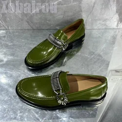 Green Sewing Design Metal Decor Black Sole Loafers Fashion Slip On Men Shoes Luxurious Handmade Party Banquet Men Casual Shoes