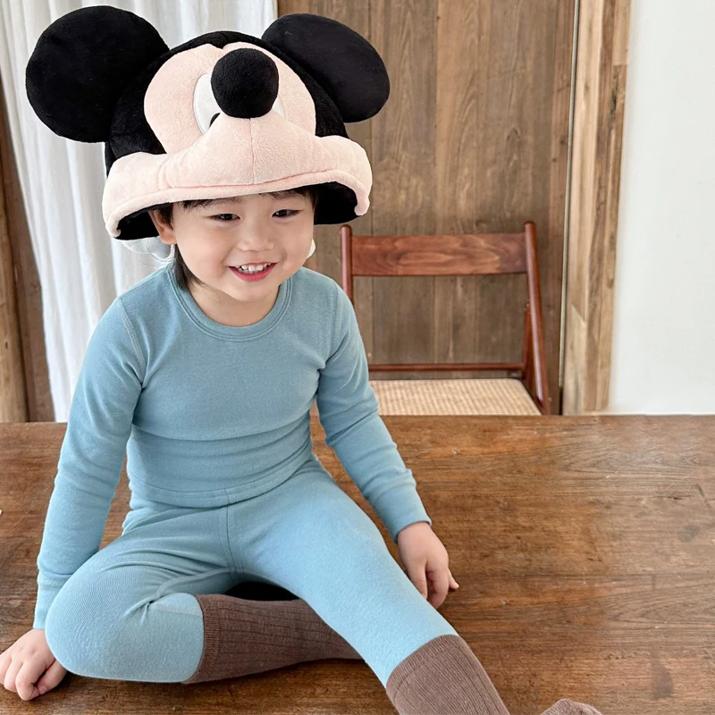 Soft Cotton Kids Solid Pajama Set Crew Neck Long Sleeve Top & Pants 2Pcs Boys Girls Thermal Base Layer Sleepwear