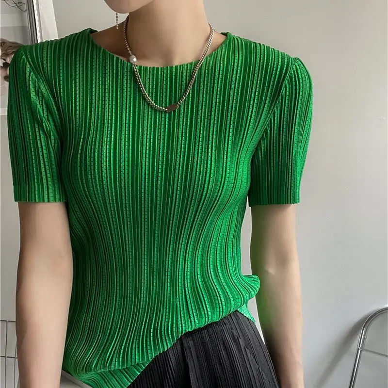 Miyake Pleated Short Sleeve Women\'s 2023 Summer New Thin Stretch Crew Neck All-Matching Slim Fit Pleated Hollow T-shirt Women