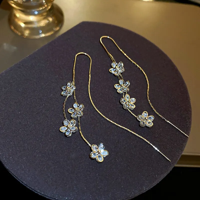 Flower Long Dangle Drop Earrings For Women Shiny Full Zircon Hanging Earring Summer Fashion Ear Jewelry For Party Wedding K0