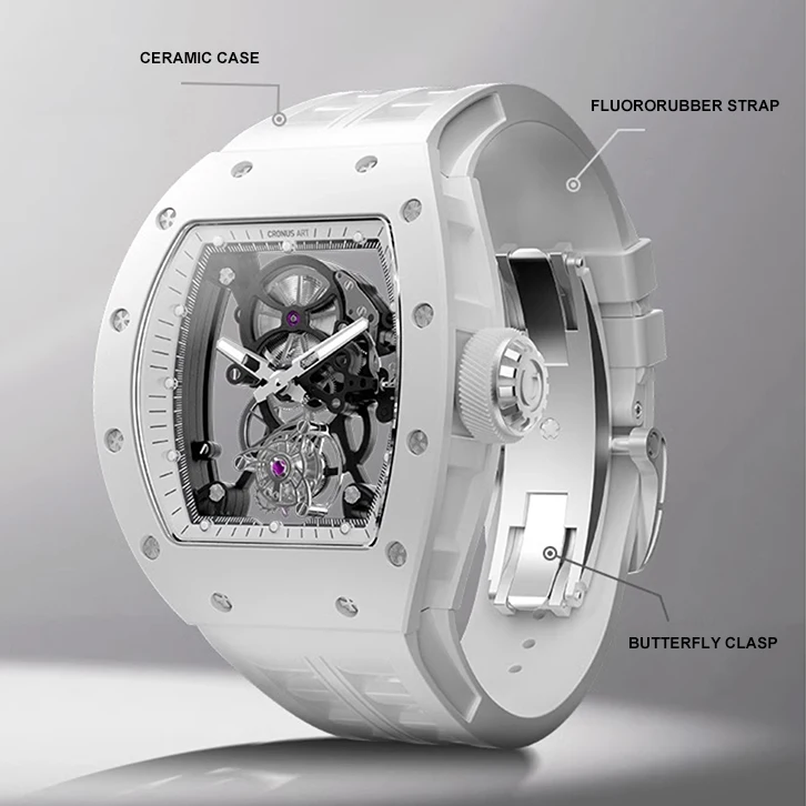 CRONUSART Men Tourbillon Watch 50mm Tonneau Mechanical Wristwatch Ceramic Case Sapphire Mirror Skeleton Dial Luminous