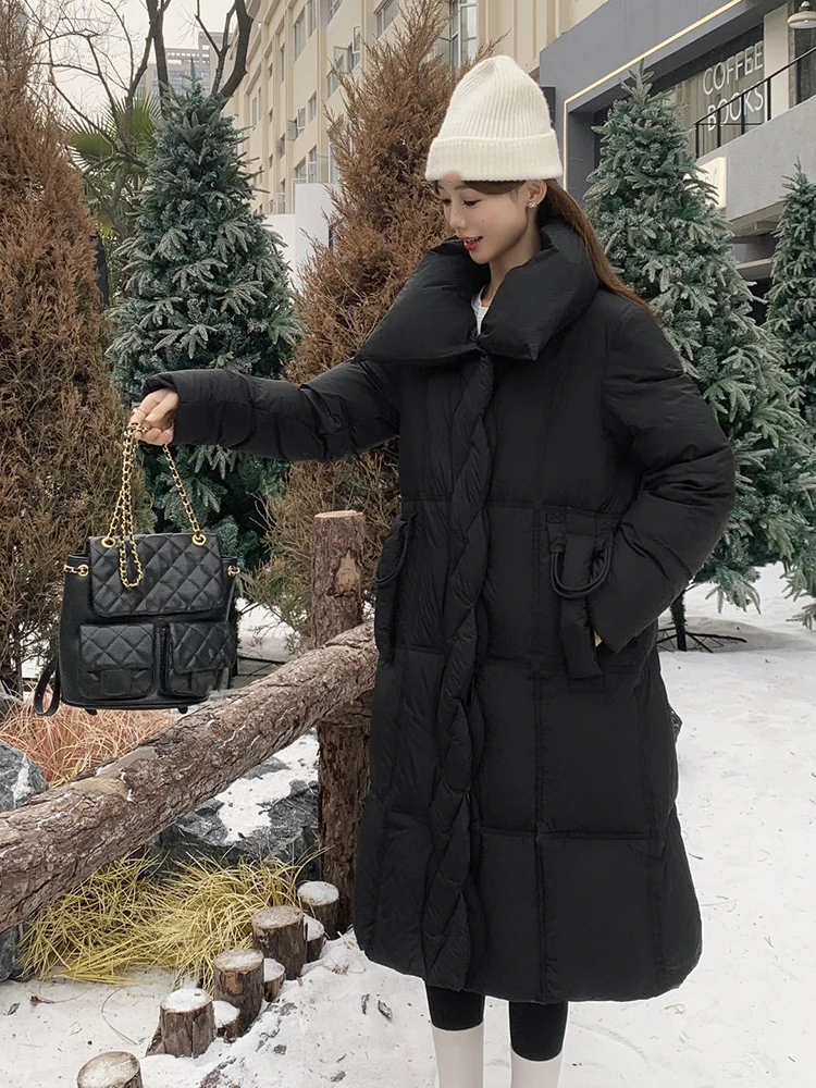 الشتاء طويلة كبيرة التلبيب نفخة أسفل سترة الإناث الدافئة رشاقته باركر أبلى المرأة الأبيض بطة أسفل فضفاضة الركبة طول أسفل سترة