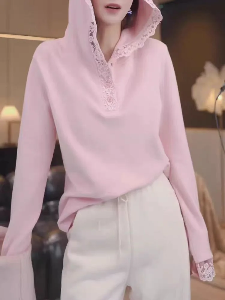 

Женская толстовка Ele Lace Base Layer с капюшоном, модный дизайн с цветовыми блоками, омолаживающий эффект, простой, но изысканный дизайн, длинный рукав, смесовая хлопковая ткань