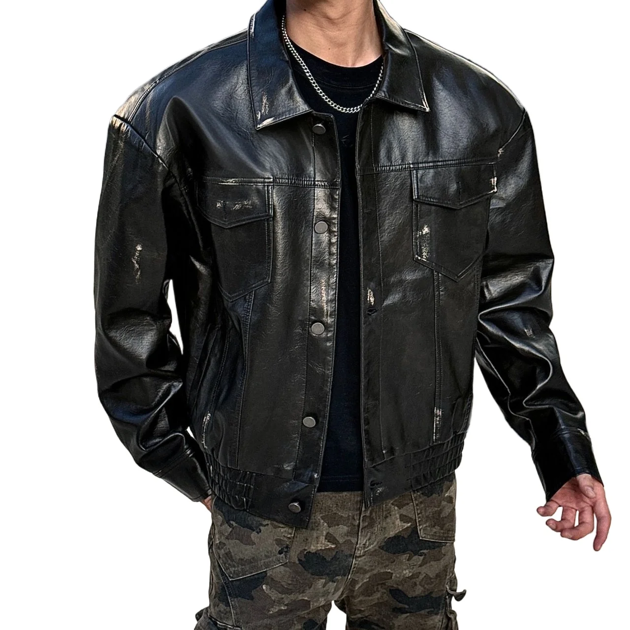 

Leather Bomber Jacket Men Streetwear Fashion Loose Casual Leather Short Cargo Motorcycle Jacket Women Spring Autumn Coat